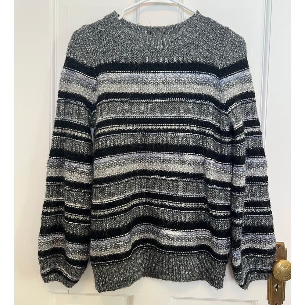 LOFT Striped Metallic Sweater Crewneck Wool Alpaca Blend Balloon Sleeve Womens S